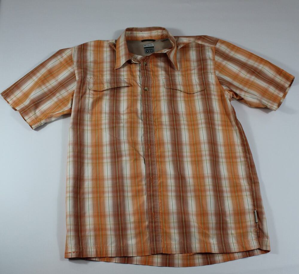 Columbia Men's Short Sleeve ButtonUp Medium Size Shirt-Orange Rust Plaid